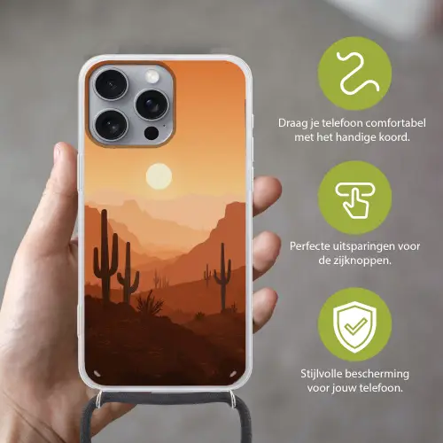 Landschap - Woestijn - Cactussen - Zon Hoesje iPhone 16 Pro Max met koord klein -sfeer2_NL