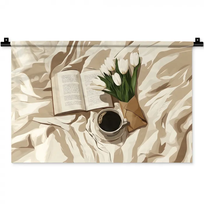 Boek - Illustratie - Tulpen - Koffie Wandkleed katoen klein -zz3d