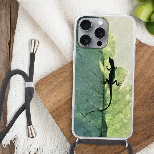Hagedis - Blad - Nerven - Groen Hoesje iPhone 16 Pro Max met koord klein -sfeer4