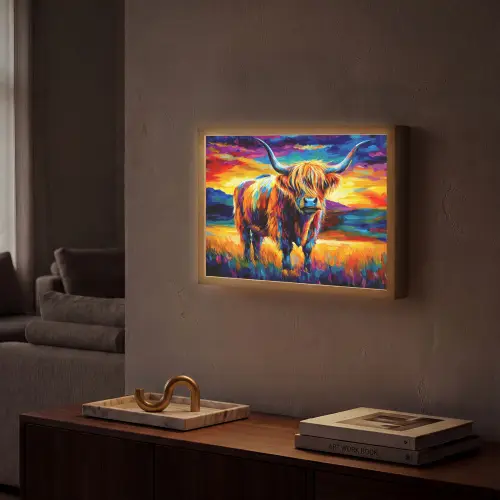 Schotse hooglander - Kunst - Koe - Dieren - Landschap Light Box met batterij (Wandlamp) middel -sfeer1