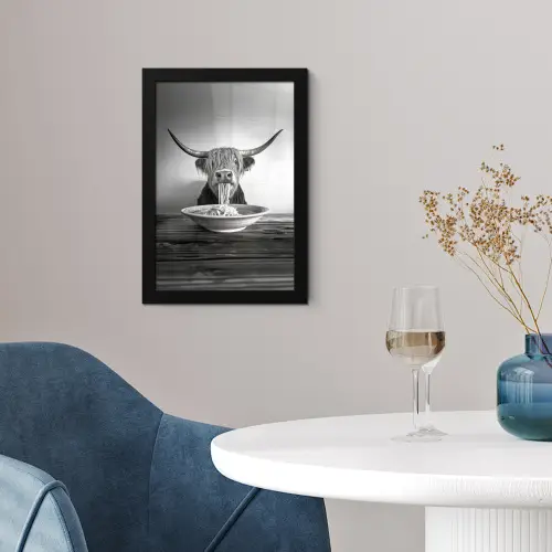 Schotse Hooglander - Spaghetti - Dieren - Zwart wit fotolijst zwart zonder passe partout klein -sfeer4