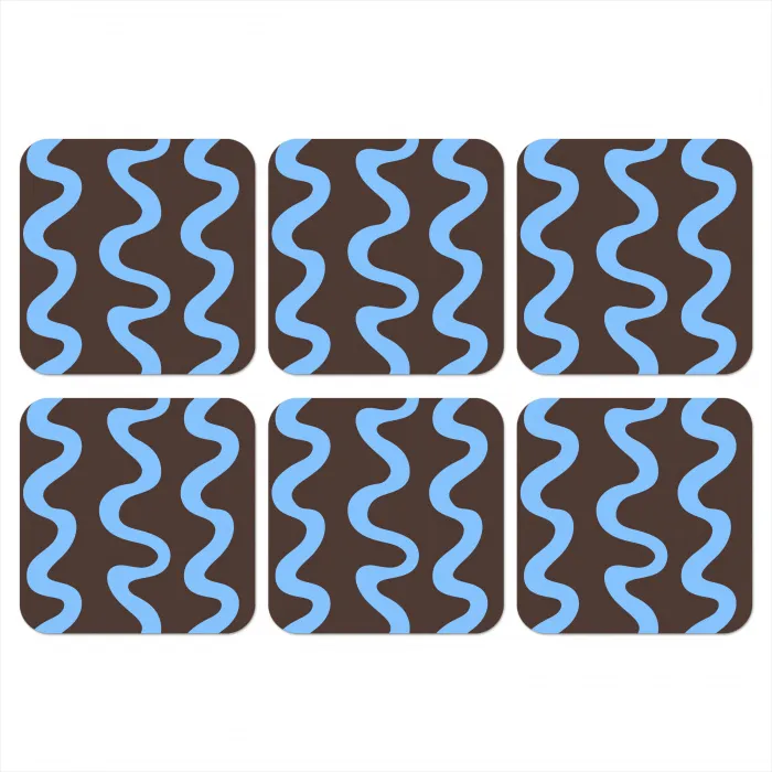 Kronkelende lijnen - Blauw - Bruin - Minimalistisch onderzetter kurk middel 366 -3d