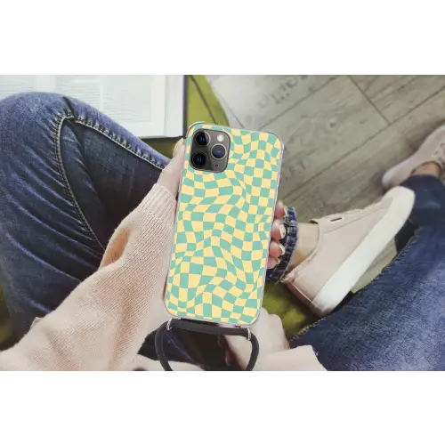 Hokjes patroon - Geel - Blauw - Golvende lijnen Hoesje iPhone 12 Pro met koord klein -hand