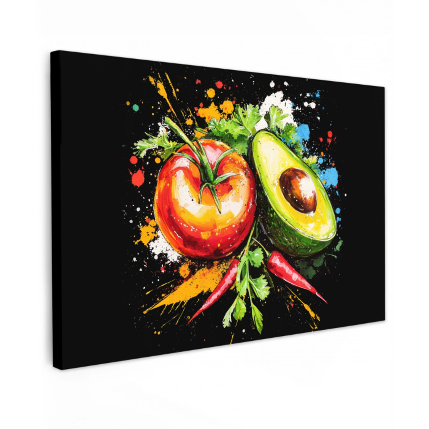 Tomaat - Avocado - Peper - Graffiti - Verf - Modern Tuinposter op houten frame 2 cm dik klein -3d