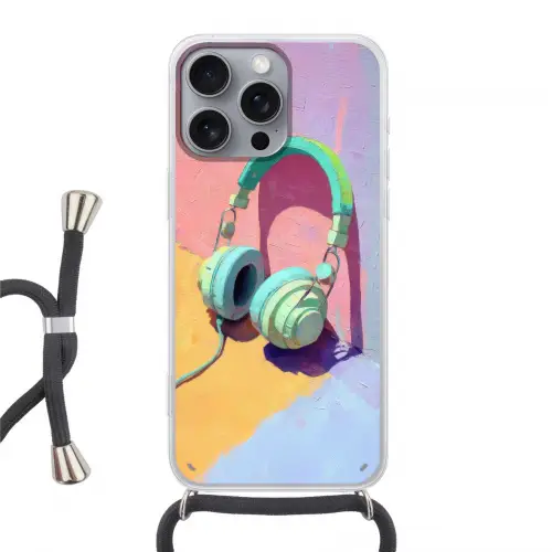 Koptelefoon - Mintgroen - Draad Hoesje iPhone 16 Pro Max met koord klein -3d