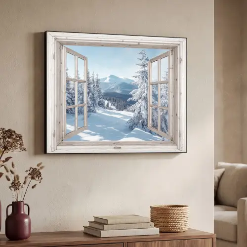 Doorkijk - Winter - Landschap - Natuur - Berg - Bomen - Wit Textielframe zwart klein -sfeer3