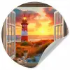 Doorkijk - Raam - Vuurtoren - Zonsondergang - Strand Wandcirkel behangsticker klein -3d