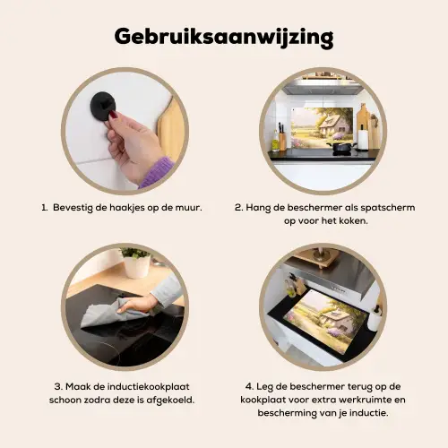 Huisje - Hout - Bloemen Inductie beschemer met haakjes klein -ky-gebruik-nl