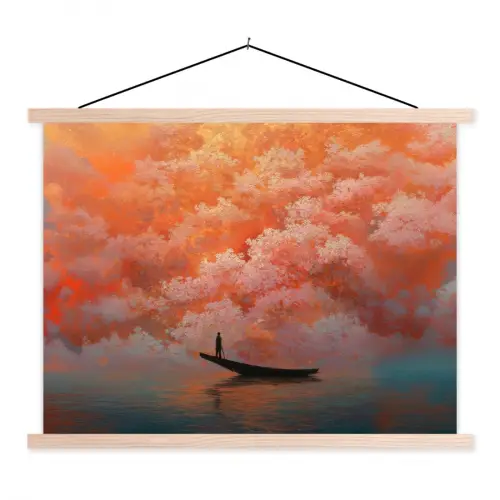 Zee - Boot - Wolken - Oranje textielposter latten blank klein -3d