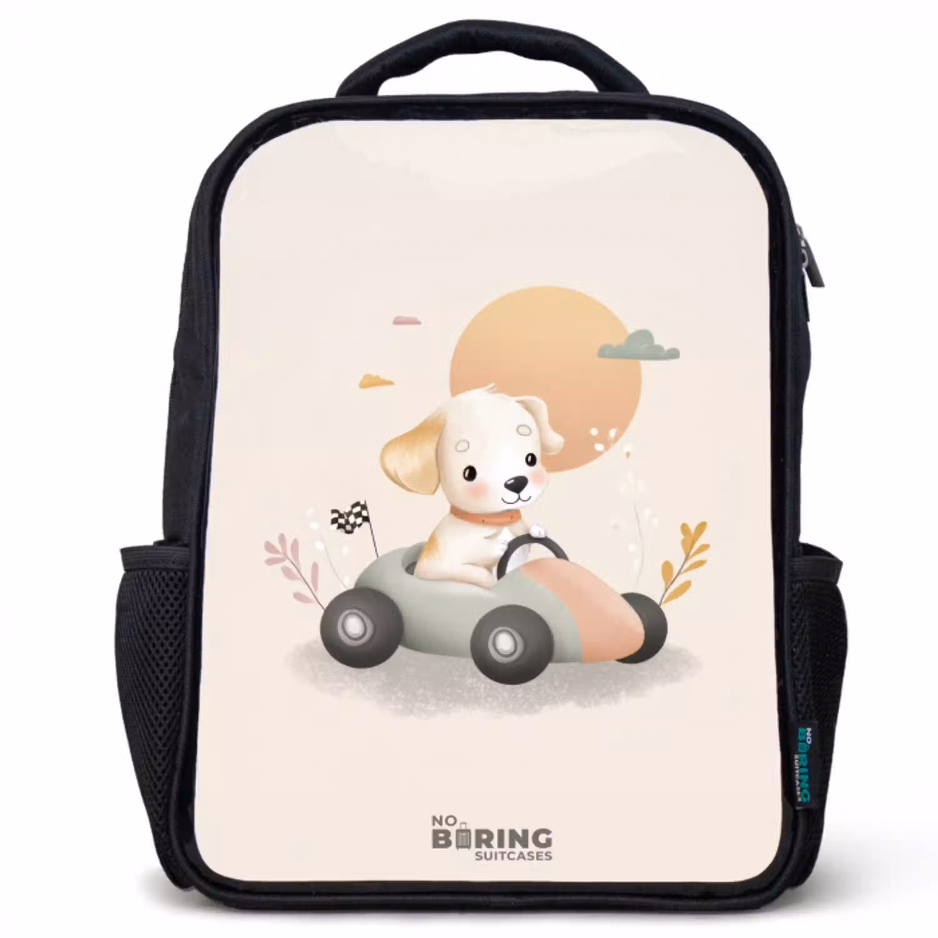 Puppy in een raceauto in beige kleuren Rugzak - Zwart middel -3d