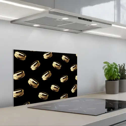 Macarons - Patroon - Goud - Zwart keuken achterwand spatscherm klein -3d_schuin
