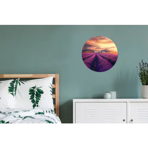 Lavendelveld - Quote - Zonsondergang Wandcirkel aluminium klein -slaapkamer
