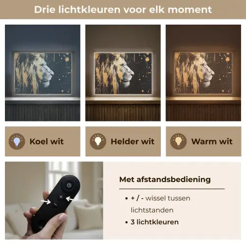 Portret - Leeuw - Abstract - Goud Light Box met batterij (Wandlamp) middel -USP_lichtkleurNL