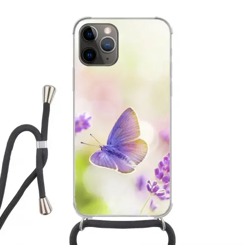Lavendel - Vlinder - Bloemen Hoesje iPhone 12 Pro met koord klein -3d