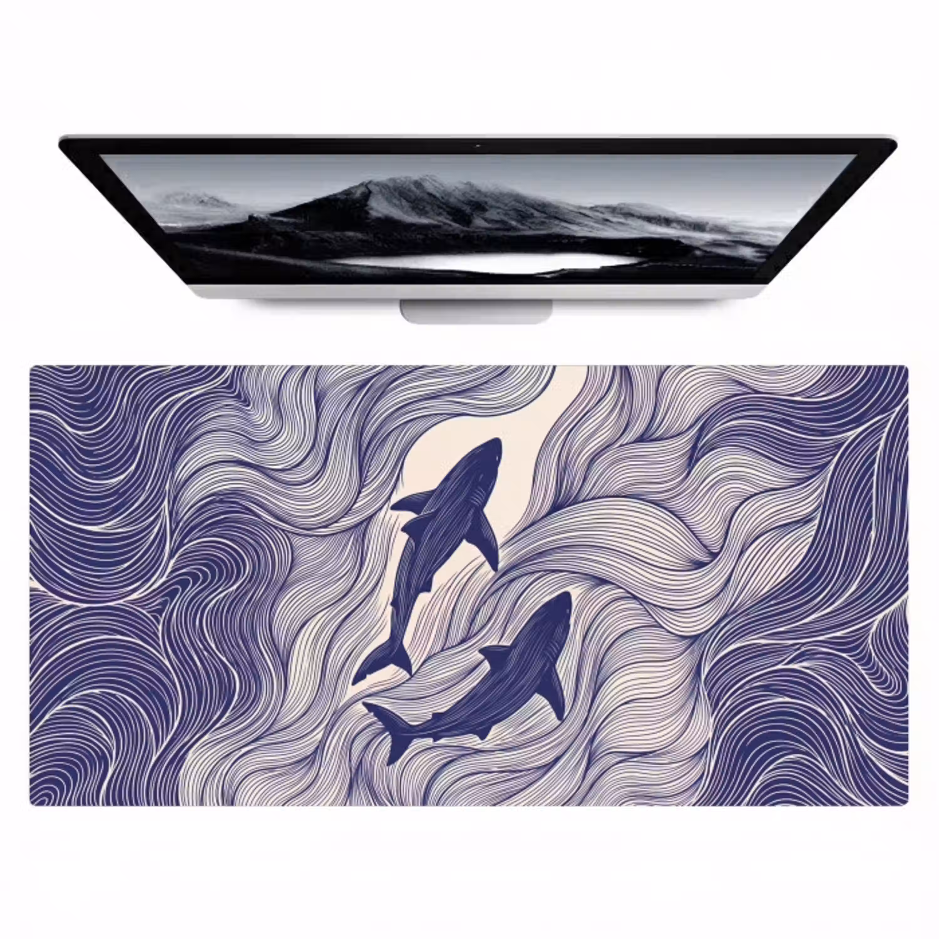 Vis - Oceaan - Lijntekening - Blauw - Dieren Muismat XXL klein -zzz3d