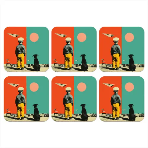 Retro - Jongen - Hond - Rood - Groen onderzetter kurk middel -3d