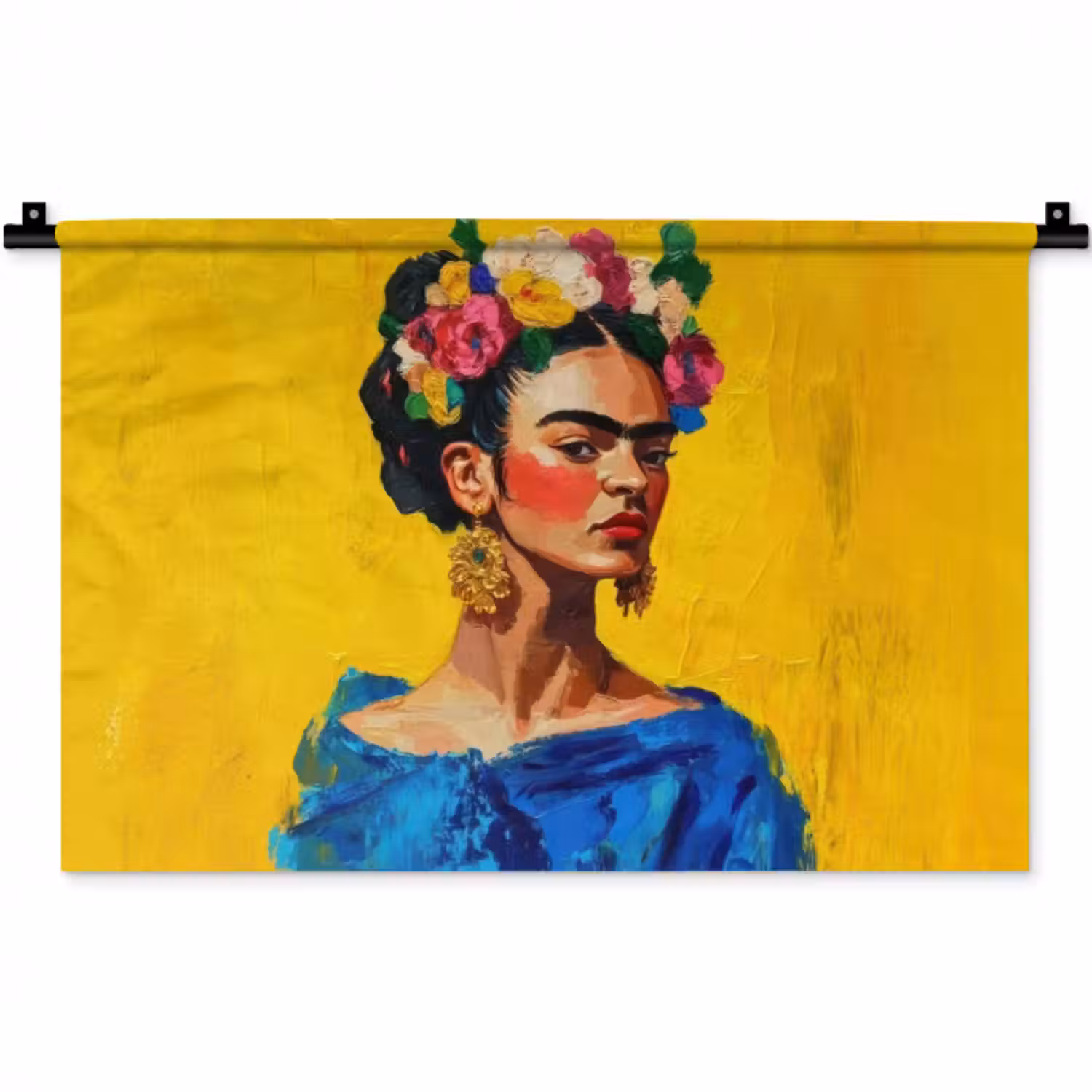 Wandteppich - Frida Kahlo - Frau - Gelb - Blau - Blumen