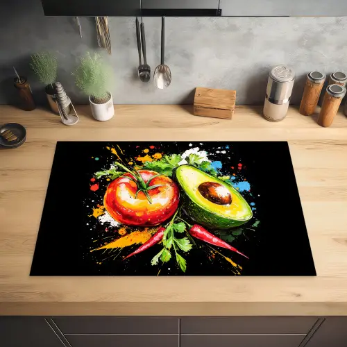 Tomaat - Avocado - Peper - Graffiti - Verf - Modern Inductie beschermer vinyl 3mm klein -sfeer5