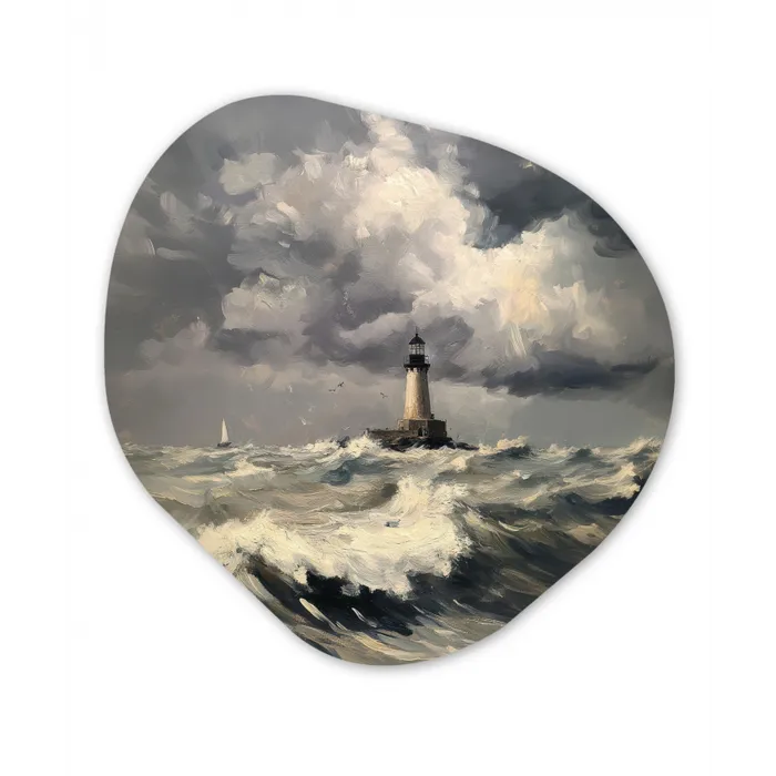 Vuurtoren - Golven - Storm Wandcirkel Organisch Plexiglas middel -3d