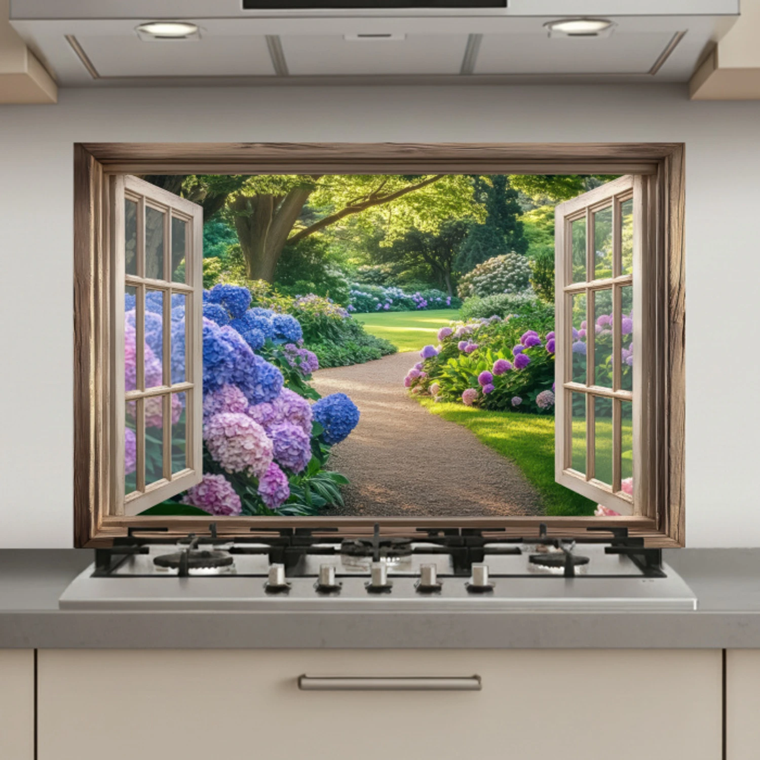 Doorkijk - Tuin - Raam - Hortensia - Bloemen keuken achterwand spatscherm klein -3d_website