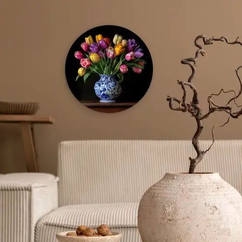 Tulpen - Kleuren - Hout - Vaas Wandcirkel plexiglas klein -sfeer1