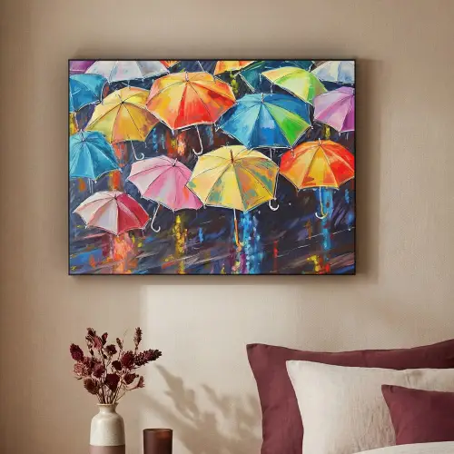 Paraplu's - Schilderij - Kunst - Regenboog Textielframe zwart klein -sfeer1