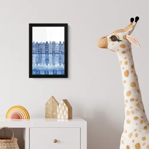 Aquarel - Grachtenpanden - Delfts - Blauw fotolijst zwart zonder passe partout klein -usfeer4_kinderkamer