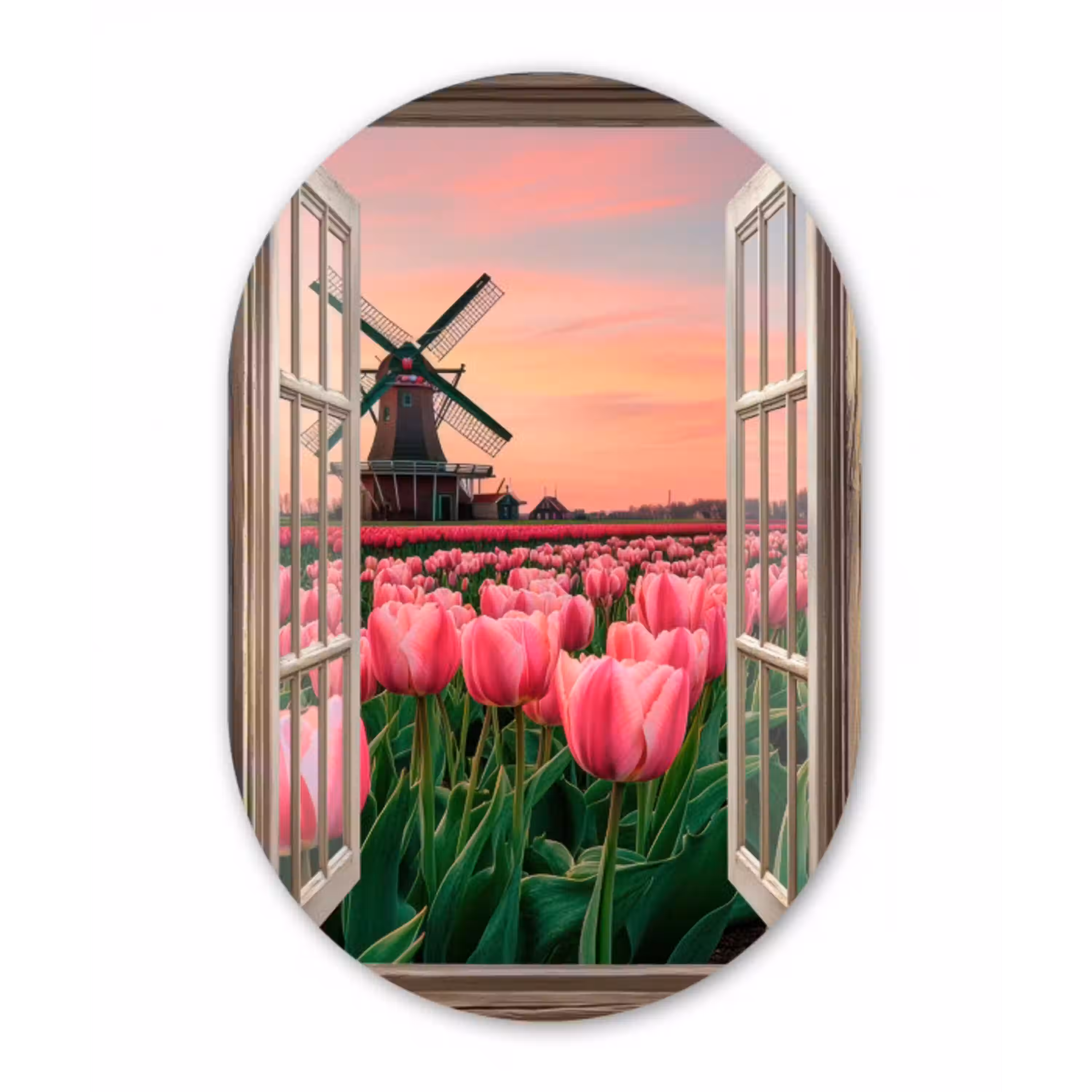 Doorkijk - Tulpen - Bloemen - Molen - Raam Wandcirkel Ovaal Glas middel -3d