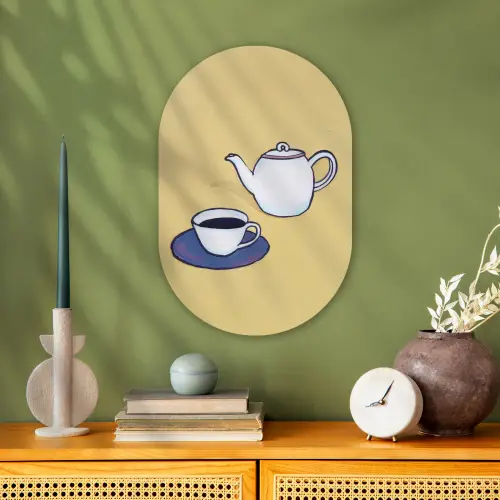 Theepot - Kopje - Beige - Illustratie Wandcirkel Ovaal Forex klein -sfeer2