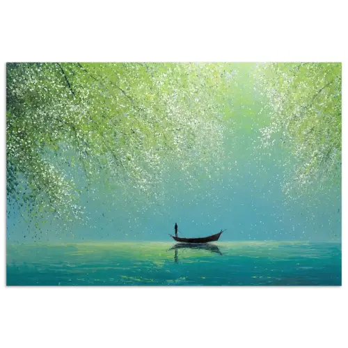 Bootje - Water - Bladeren - Bloesems poster papier klein -3d