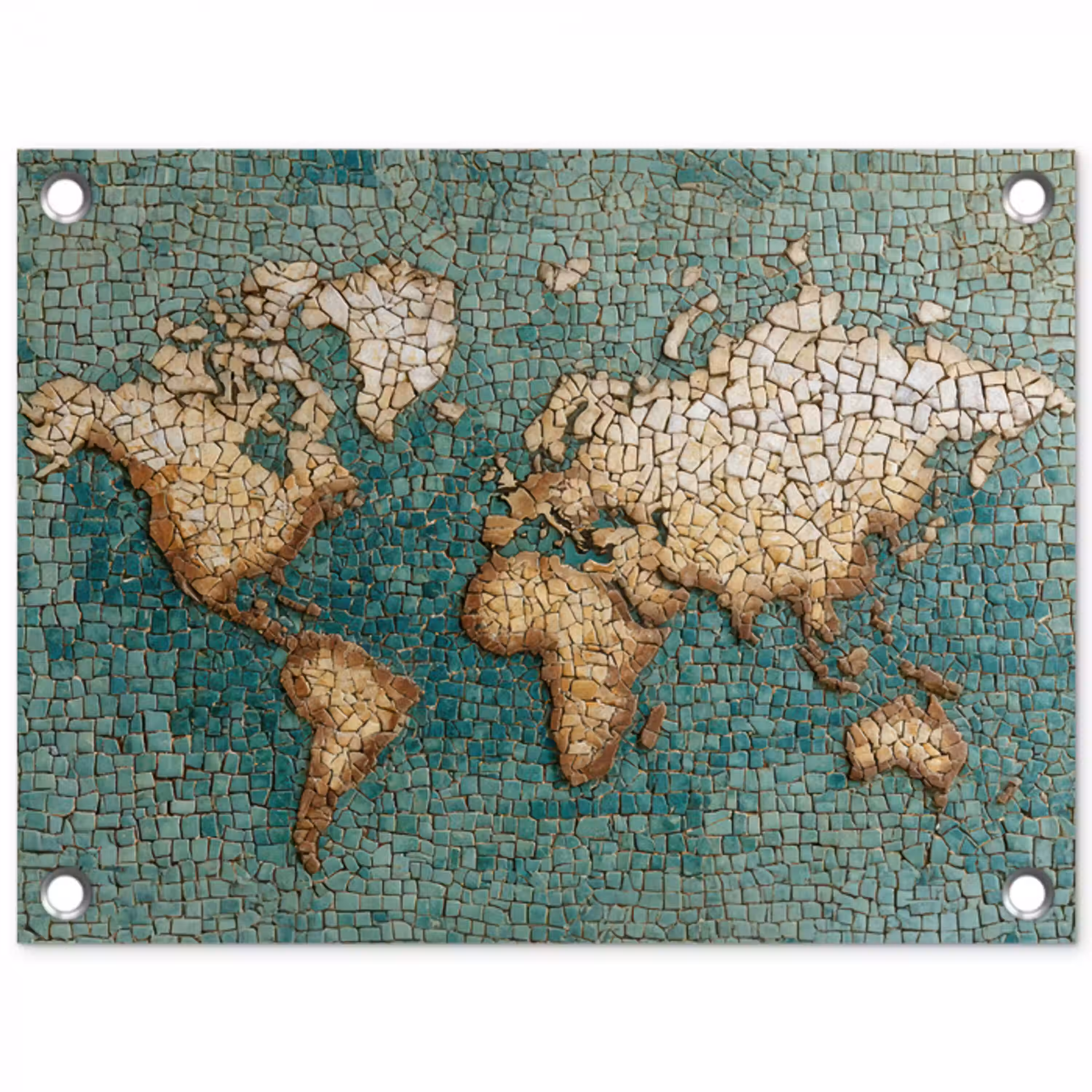 Wereldkaart - Gebroken tegels - Mozaïek tuinposter los doek klein -3d