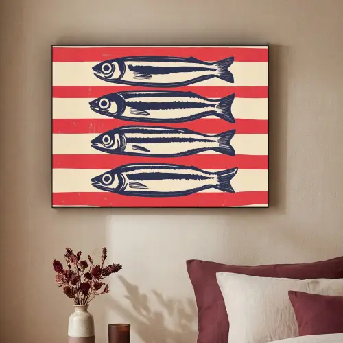 Sardines - Rood en beige strepen Textielframe zwart klein -sfeer1