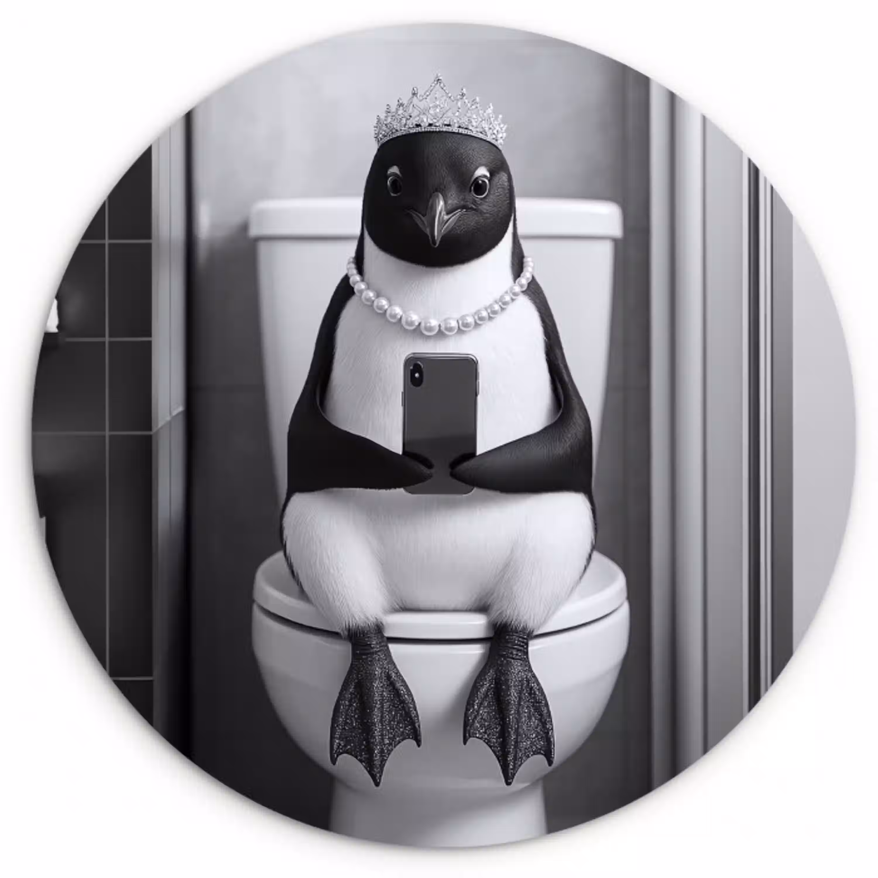 Pinguïn - Telefoon - Toilet - Zwart - Wit Wandcirkel kunststof plaat 5mm dik klein -3d