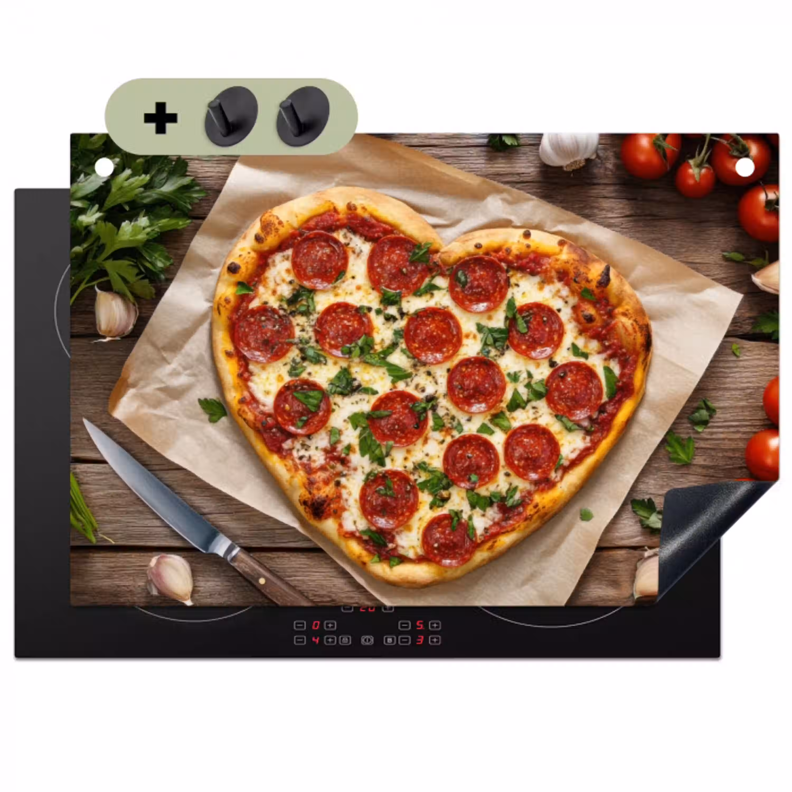 Pizza - Hart - Pepperoni - Tomaat Inductie beschemer met haakjes klein -3d
