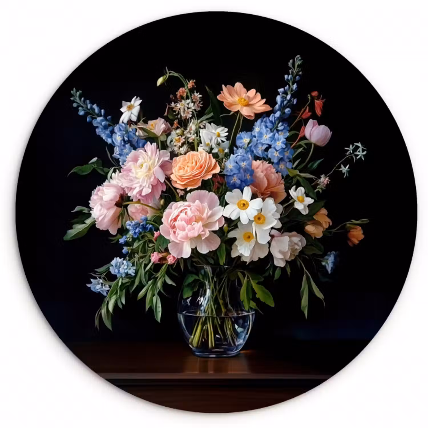 Glasbild Rund - Pastell - Blumen - Vase