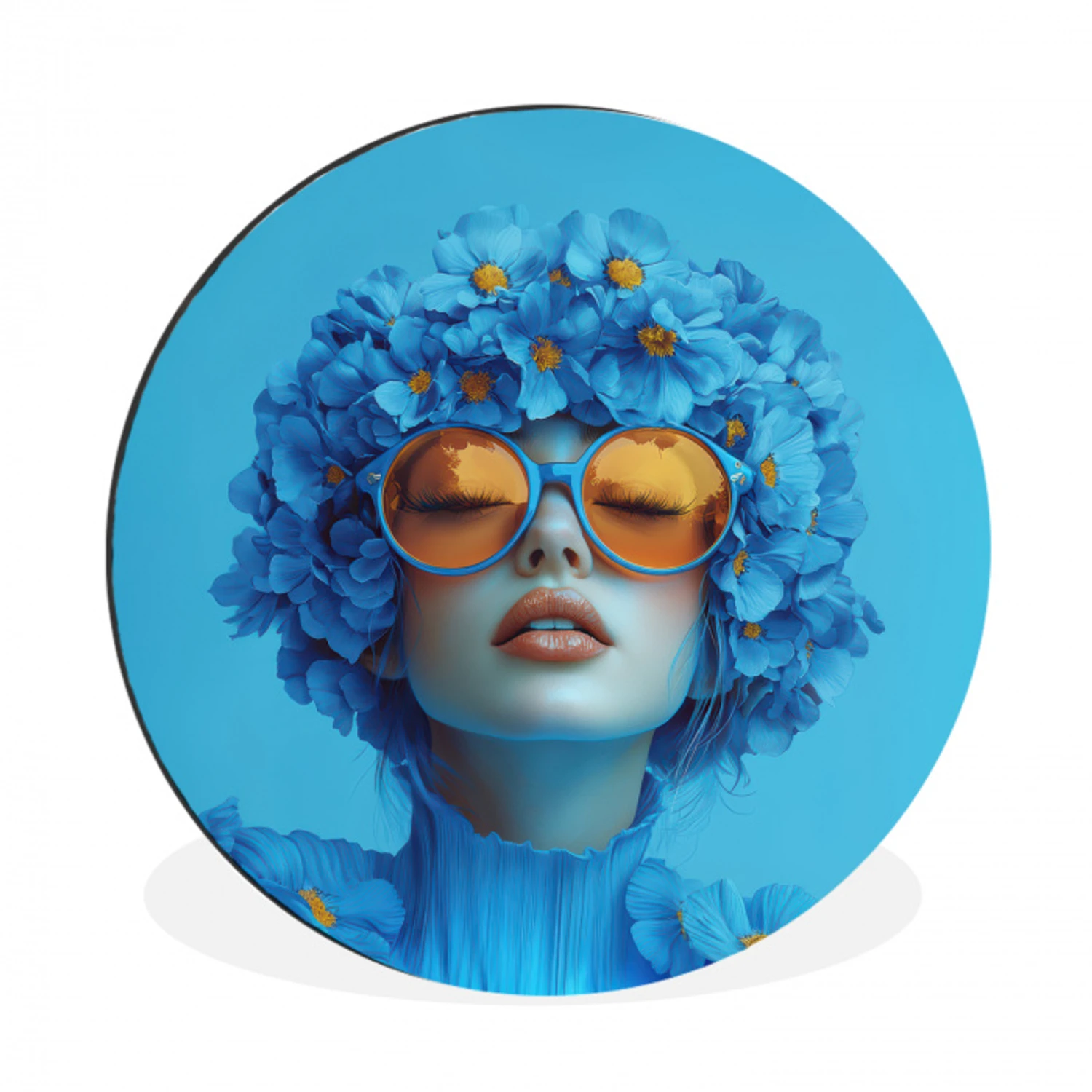 Vrouw - Bloem - Blauw - Modern - Bril - Portret Wandcirkel aluminium klein -3d