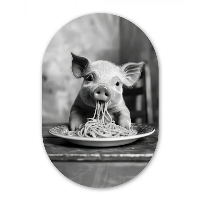Varken - Schattig - Spaghetti - Zwart wit - Dier Wandcirkel Ovaal Glas middel -3d