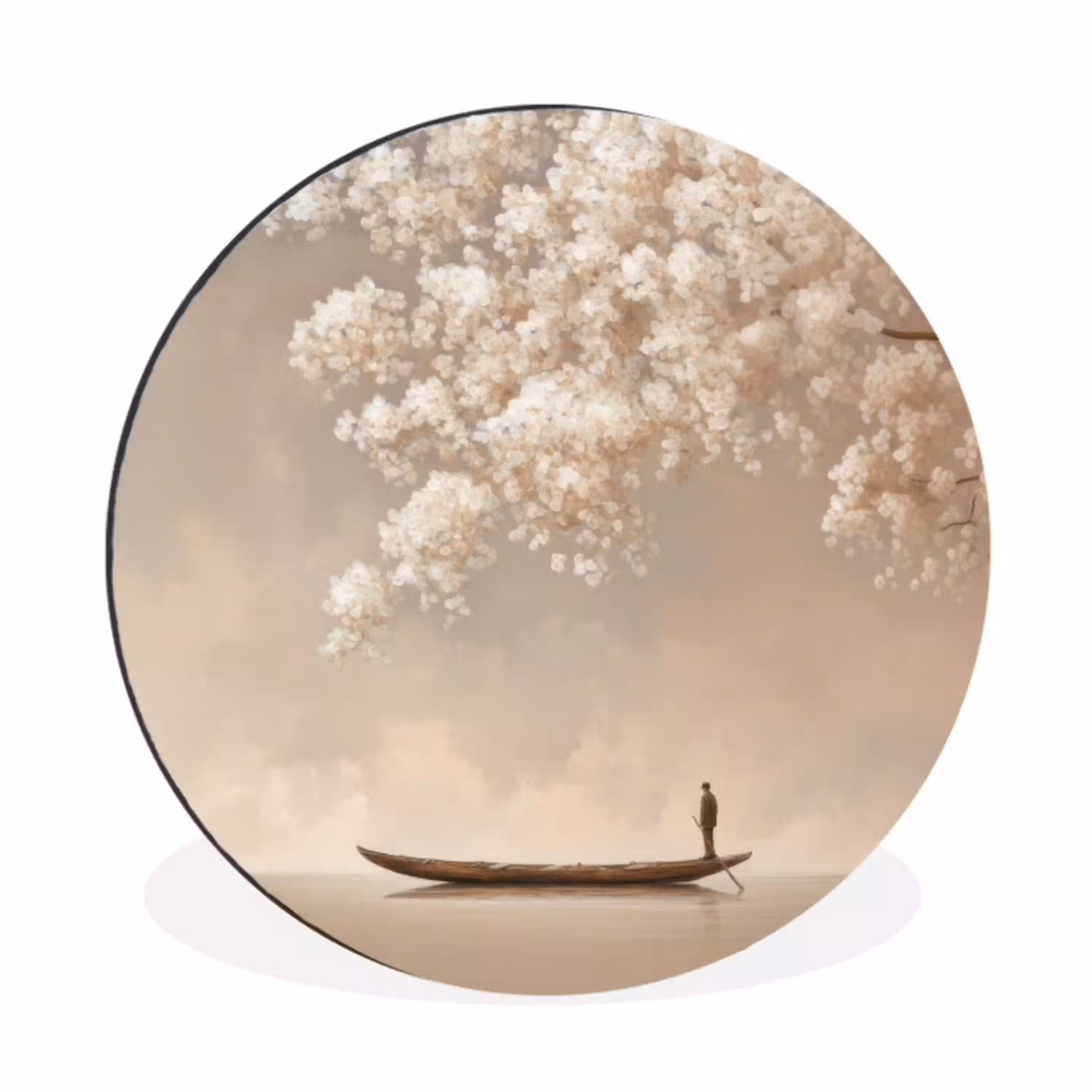 Bloesems - Wit - Boot - Minimalistisch Wandcirkel aluminium klein -3d