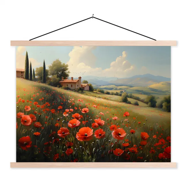 Klaprozen - Rood - Heuvels - Landschap textielposter latten blank klein -3d