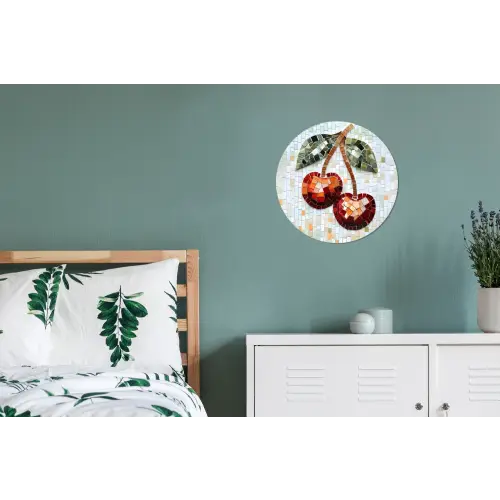 Kersen - Rood - Mozaïek - Blaadjes Wandcirkel aluminium klein -slaapkamer