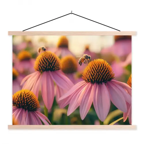 Bloemen - Paars - Bijen textielposter latten blank klein -3d