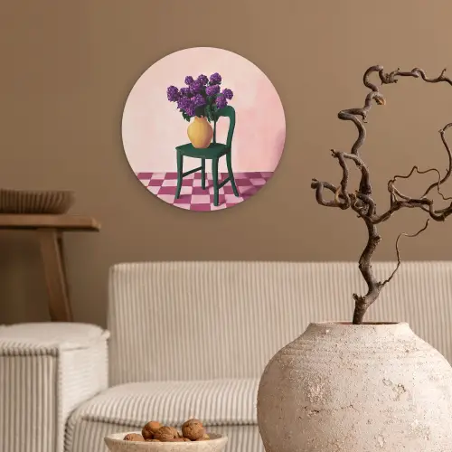 Stoel - Vaas - Bloemen - Geblokt Wandcirkel kunststof plaat 5mm dik klein -sfeer1