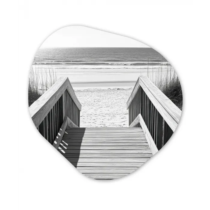 Loopbrug - Hout - Strand - Zee Wandcirkel Organisch Plexiglas middel -3d