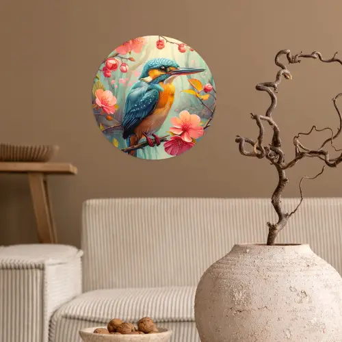 IJsvogel - Bloesem - Natuur - Vogels - Bloemen Wandcirkel behangsticker klein -sfeer1
