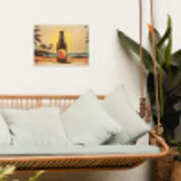 Bierfles - Zonsondergang - Palmbomen - Zee tuinposter los doek klein -sfeer7