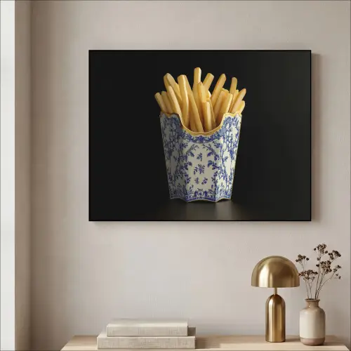 Friet - Porselein - Delfts blauw - Eten Textielframe - compleet frame klein -sfeer2