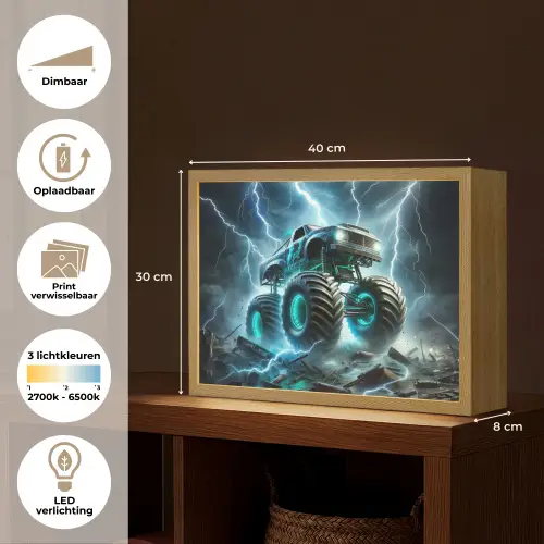 Monstertruck - Bliksem - Blauw - Jongens - Auto Light Box met batterij (Wandlamp kind) middel -USP_websiteoverzichtNL
