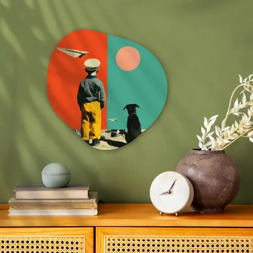 Retro - Jongen - Hond - Rood - Groen Wandcirkel Organisch Forex 3mm klein -sfeer2