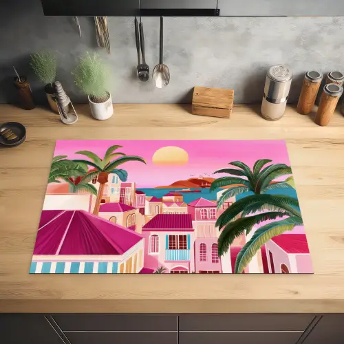 Stad - Roze - Palmbomen Inductie beschermer vinyl 3mm klein -sfeer5