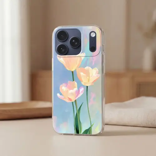 Tulpen - Roze accenten - Blauw Telefoonhoesje iPhone 17 Pro klein -sfeer2